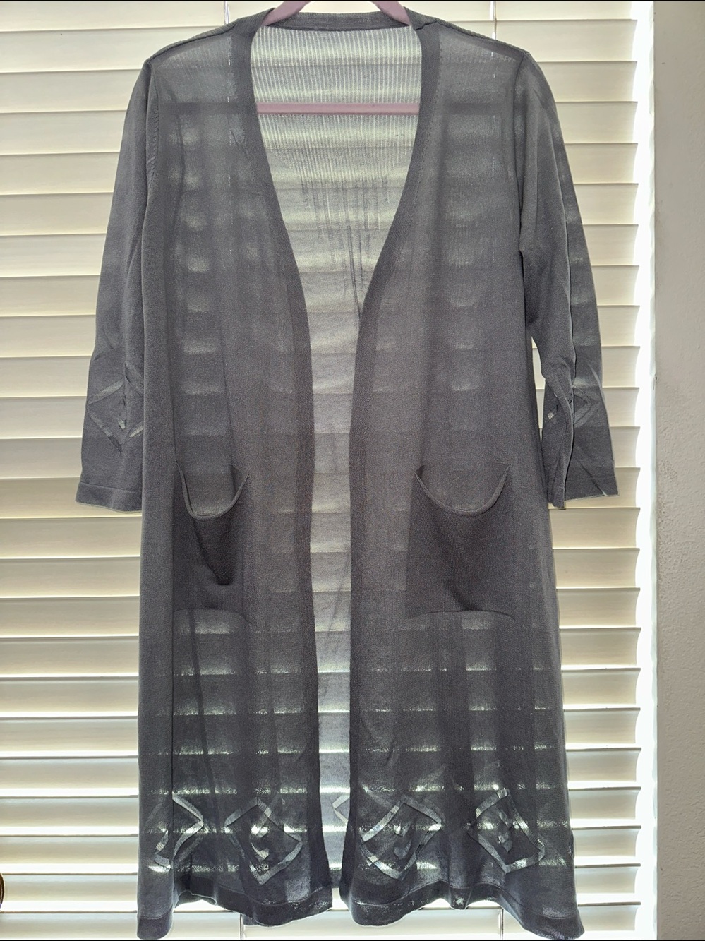 Chic Gray Semi-Sheer Knit Duster Cardigan with Diamond Laser Cutout Design M/L